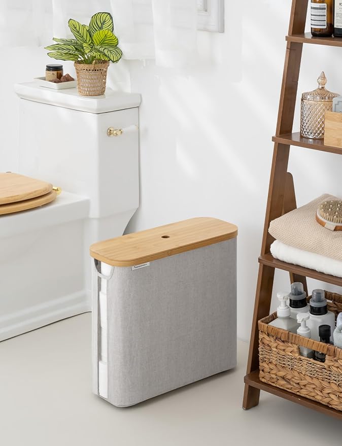 StorageWorks Large Toilet Paper Storage with Bamboo Lid, Toilet Paper Holder Basket for Up to 12 Mega or 16 Regular Size Rolls, Paper Storage Baskets for Bathroom, Grey, 1 Pack