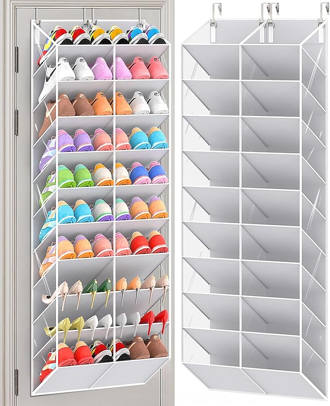 20-30 Pairs Over the Door Shoe Organizer, Clear Pockets Hanging Shoe Storage for Closet, 10-Tier Door Shoes Rack, Handing Shoes Holder Fit All the Family's Sneakers, Boots, Heels, Light Grey