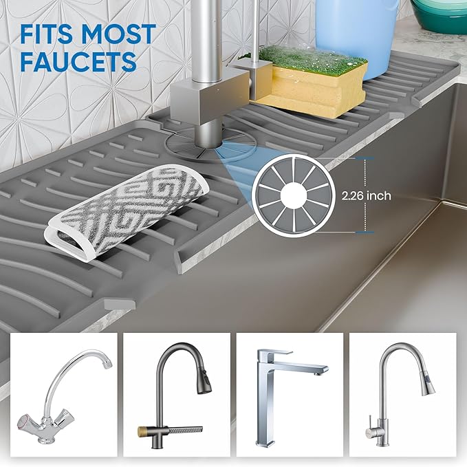 24 Inch Longer Faucet Mat for Kitchen Sink, Silicone Sink Faucet Mat Splash Guard 5° Slope Premium Kitchen Sink Splash Faucet Guard, Fast Self-Draining Mat (Grey)