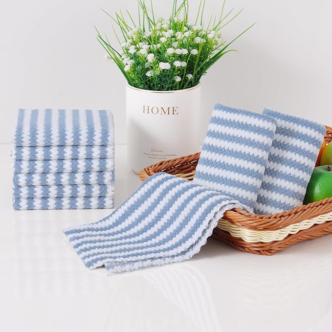 Homaxy 12 Pack Kitchen Dish Cloths, Ultra Soft and Absorbent Dish Towels, Reusable Fast Drying Microfiber Cleaning Cloth, Coral Velvet Wave Design No-lint, 10 x 10 inches, Blue