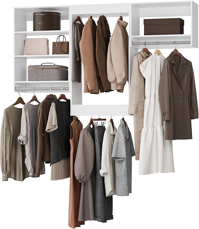 ROOMTEC Modular Closet System, 78" Closet Organizer with Hanging Rods, Wall-Mounted Wooden Tower for Walk-In Closets, Wardrobe Storage Kit, White
