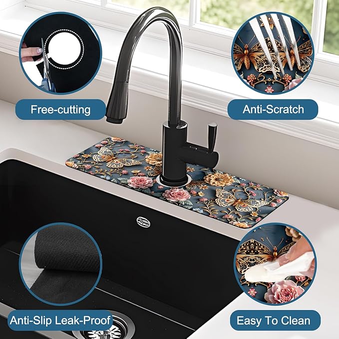 Gold Butterfly Sink Splash Guard Faucet Mat Pink Floral Super Absorbent Fast Drying Mat Sink Gadgets-Splash Guard Behind Faucet Drip Catcher for Kitchen Bathroom, 15.5"x5.5"