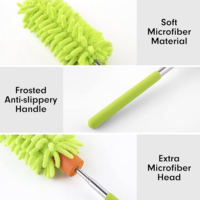 Microfiber Duster for Cleaning, Tukuos Hand Washable Dusters with 2pcs Replace Microfiber Head, Extendable Pole, Detachable Cleaning Brush Tool for Office, Car, Window, Furniture, Ceiling Fan Green