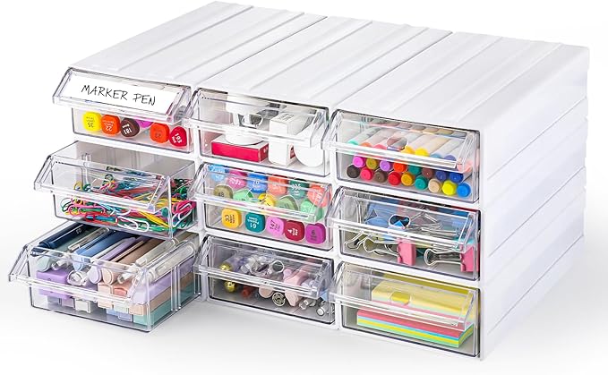9 Pcs Stacking Office Drawer Organizers - Desktop & Wall Mounted 9 Drawer Storage Closet with 18pcs Clear Dividers Multifunctional Organizer Rack with 9pcs Tag Card for Home Small Items