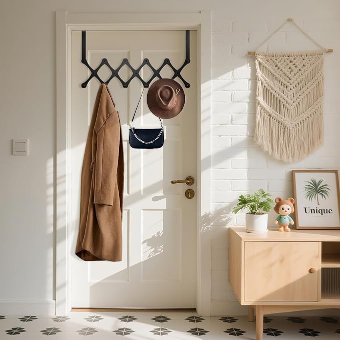 SCUNDA Expands Over The Door Hook Rack, Heavy Duty No Drill Hooks for Bathroom, Bedroom, Kitchen, Closet - Over The Door Hanger for Towels, Robes, Bags, Coats(Black)