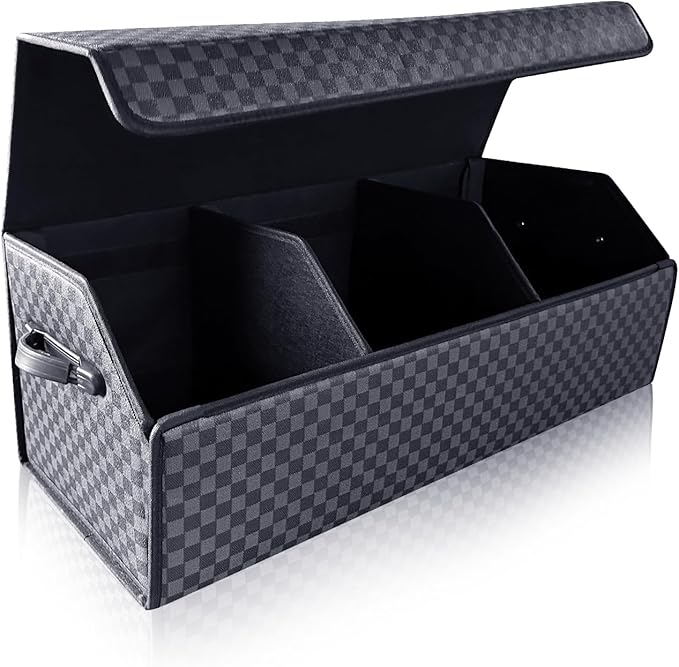 Trunk Organizer for SUV - Leather Storage Box, Extra Large, Magnetic Lid, Collapsible and Adjustable Car Organizer