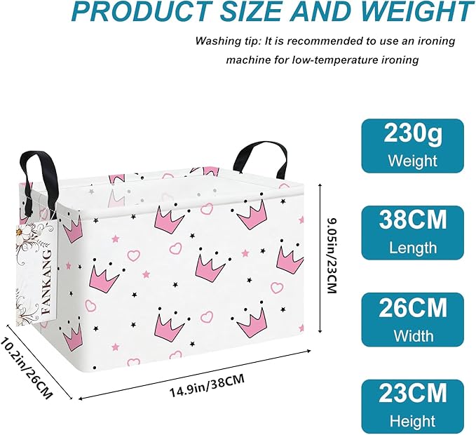 FANKANG Storage Bins, Nursery Hamper Canvas Laundry Basket Foldable with Waterproof PE Coating Large Storage Baskets for Kids Boys and Girls, Office, Bedroom, Clothes,Toys(Rec-pink crowns)