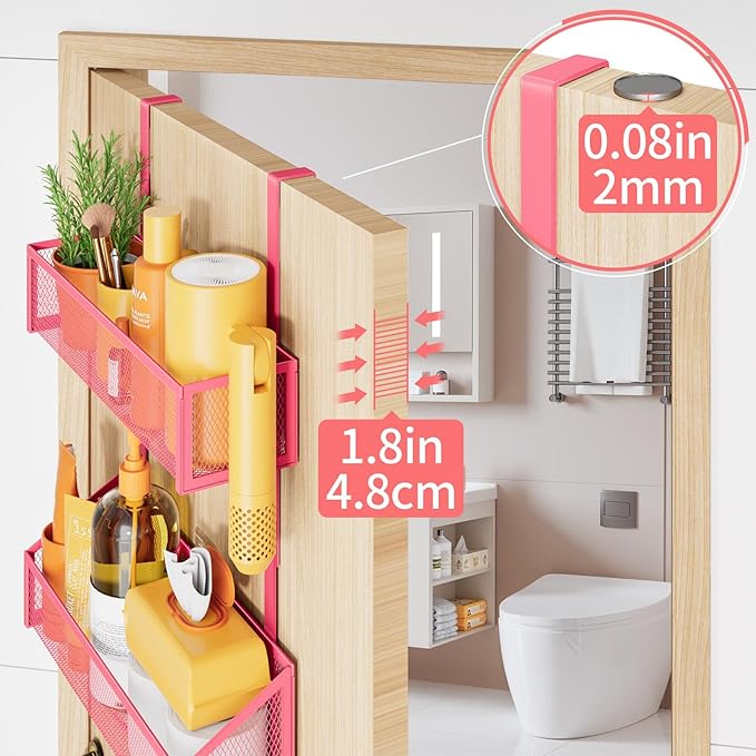 Kaiferty Over The Door Hooks Organizer, Coat Rack Over The Door Storage Hanger Towel Rack, Back of Door Storage Organizer for Bathroom,Bedroom,Kitchen,Office (Pink, 3-Tier)