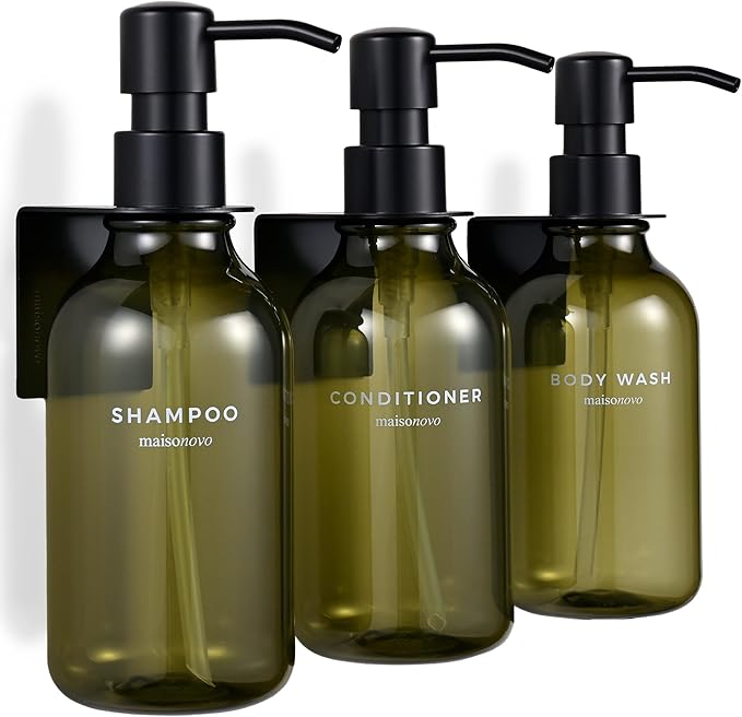 MaisoNovo Shampoo and Conditioner Dispenser - Shower Soap Dispenser Wall Mounted - 16.9 fl oz Set of 3 Green Plastic Bottles Black Plastic Pump - Shampoo Dispenser, Shower Dispenser