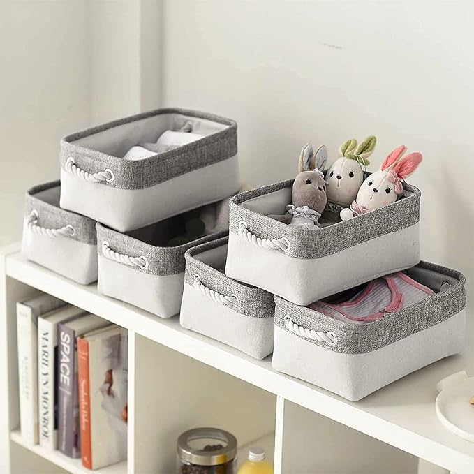 Sacyic Storage Bins - Storage Baskets for Shelves Storage Cubes with Handles Small Baskets for Organizing (Gray and White 11.8 x 7.9 x 5.2 inch)