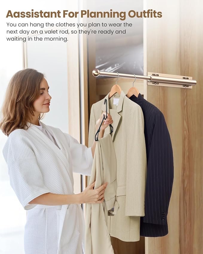 Valet Rod for Closet Pull Out, Retractable Slide Out Valet Rod Closet Organization, 12" Aluminum Valet Clothing Hanger Rods Perfect for Suits, Freshly Pressed Clothes, Gold