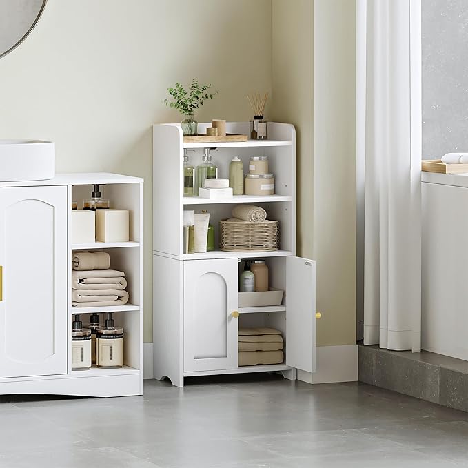 Small Bathroom Storage Cabinet, Bathroom Organizers and Storage with 2 Doors and Shelves, Floor Cabinet Freestanding with Adjustable Shelf for Small Spaces, White 7.9" D x 14.6" W x 29.6" H