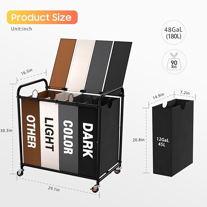 Laundry Sorter 4 Sections 48 Gal, Rolling Laundry Basket with Lockable Wheels and Lid, Laundry Hamper with 4 Separated Removable Bags Dirty Clothes Hamper for Laundry Room, Multicolor