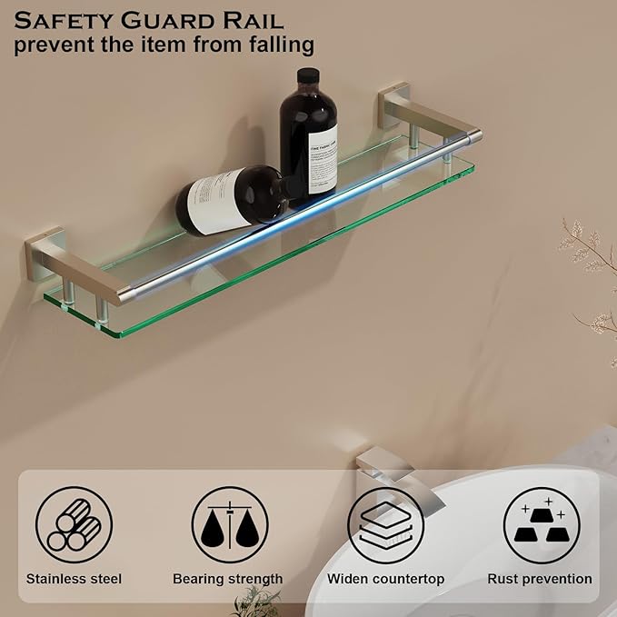 SFGSOWOR Glass Shelf for Bathroom Wall Sheves 24 inch Rectangular Stainless Steel Tempered Glass Modern Stainless Steel Wall Mount Accessories Organizers Storage (Brushed Nickel, 24‘’)