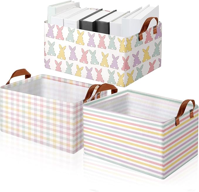 Boao 3 Pcs Easter Storage Bin Rectangular Bunny Basket Box with Handle Collapsible Large Storage Baskets Foldable Rabbit Box for Easter Party Decoration