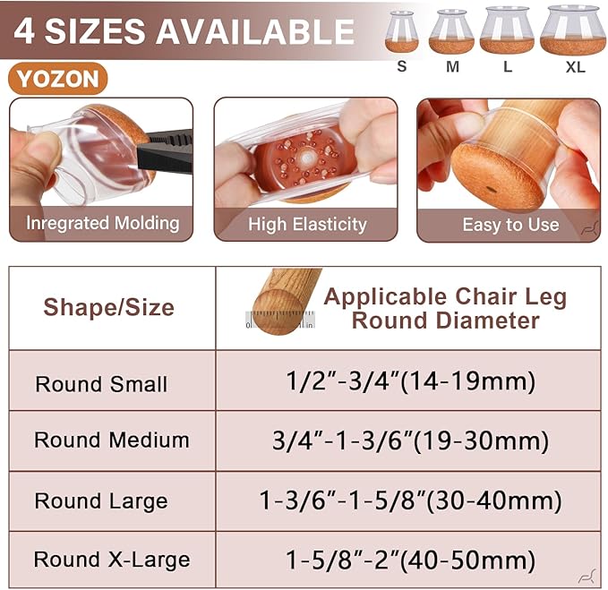 YOZON Chair Leg Floor Protectors for Hardwood Floors Felt Furniture Pads Silicone Caps 32 Pack Anti-Scratch Reduce Noise Clear Round Medium Fit 3/4" to 1-3/16" (19-30mm)