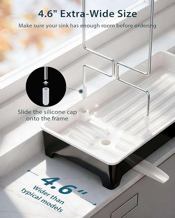 Minimalist Sink Caddy, Rustproof Sponge Holder for Kitchen Sink with 304 Stainless-Steel Brush Holder, Countertop Rack Organizer with Raised Ridges & Silicone Drain Tube (Black)