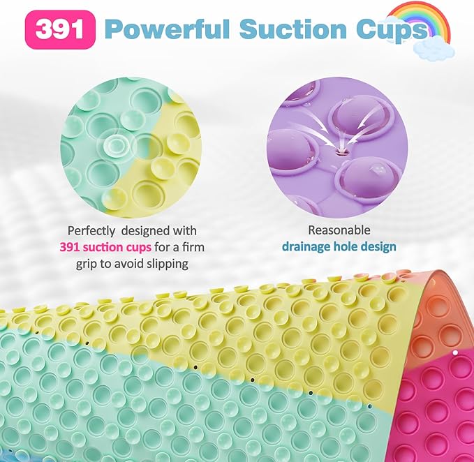 Joiyota Push Pop Bubble Bath Mat for Kids,Rainbow Large Non-Slip Silicone Tub Mat with Strong Suction Cups for Toddler,33x17.3 Inch Waterproof Shower Mat for Bathtub, Sensory Bath Pad with Drain Holes