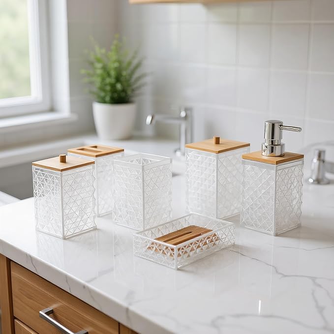 Bathroom Accessory Set,6 Pcs White Bathroom Set Include Soap Dispenser, Qtip Holder Dispenser, Soap Dish,Toothbrush Holder & Mouthwash Cup.Boho Bathroom Set