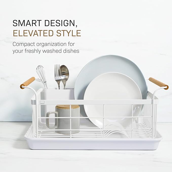 YAMAZAKI Home Sink Dish Rack with Removable Drainer Tray, Kitchen Drying Organizer Holder, One Size, White Steel