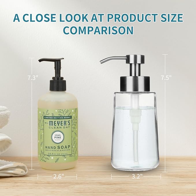 Doiliese Soap Dispenser, Glass Hand Soap Dispenser with Rust Proof Pump, 16oz Liquid Soap Container with Waterproof Labels, Dish & Hand Soap Pump for Bathroom, Kitchen, Brushed Nickel, Pack of 2