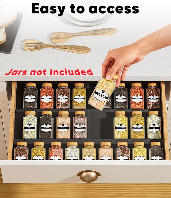 Artibear ABS Spice Drawer Organizer, Spice Rack Tray for Kitchen Cabinet, 9 Pieces Set-Expandable Seasoning Storage Rack From 8"-24" Insert for Drawer/Countertop (Jars Not Included)
