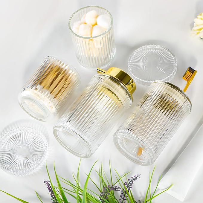 Clear Glass Bathroom Accessories, 4 Pcs Bathroom Sets Complete, Foaming Soap Dispenser,Toothbrush Holder and Qtip Holder Set,Modern Ribbed Vanity Countertop Organizer for Decor