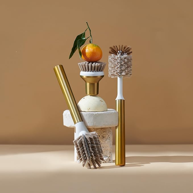 Ionic Brush Set, Magnetized to Stand Upright, Stainless Steel with Replaceable Heads, Brass/Gold