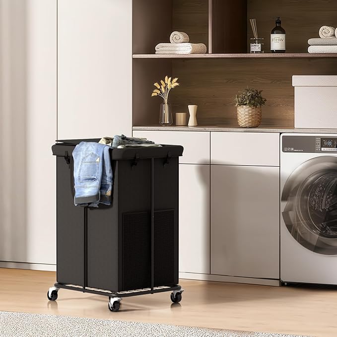 160L Large Laundry Hampers with Lid, Oxford Fabric Laundry Hampers, Metal Frame and Removable Bag Design with Wheels, Suitable for Bedroom, Bathroom, Dorm Room, Laundry Room (Black Lid Rope)