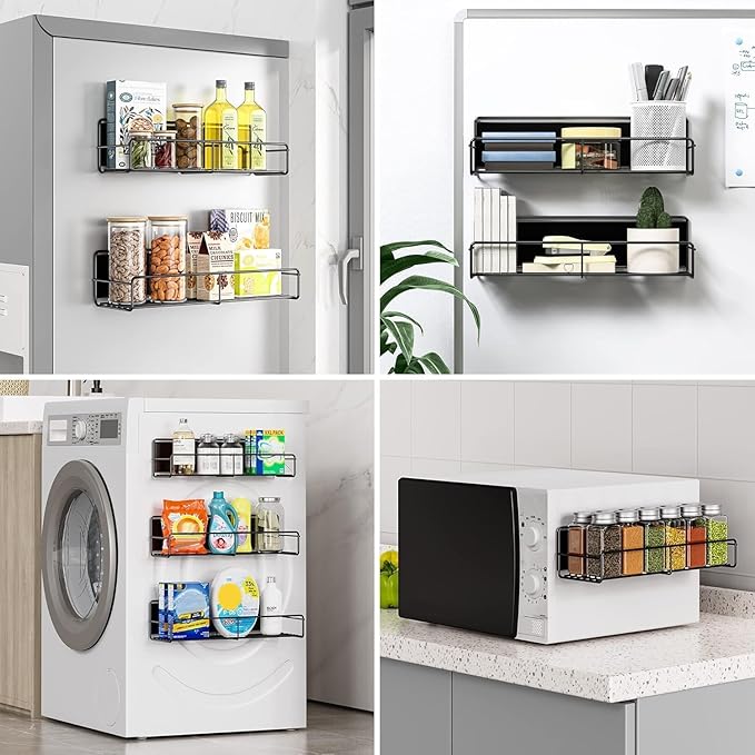 6 Pack Magnetic Spice Rack Organizer, Space Saver for Refrigerator and Whiteboard, Metal Fridge Shelf for Kitchen and Classroom, Black