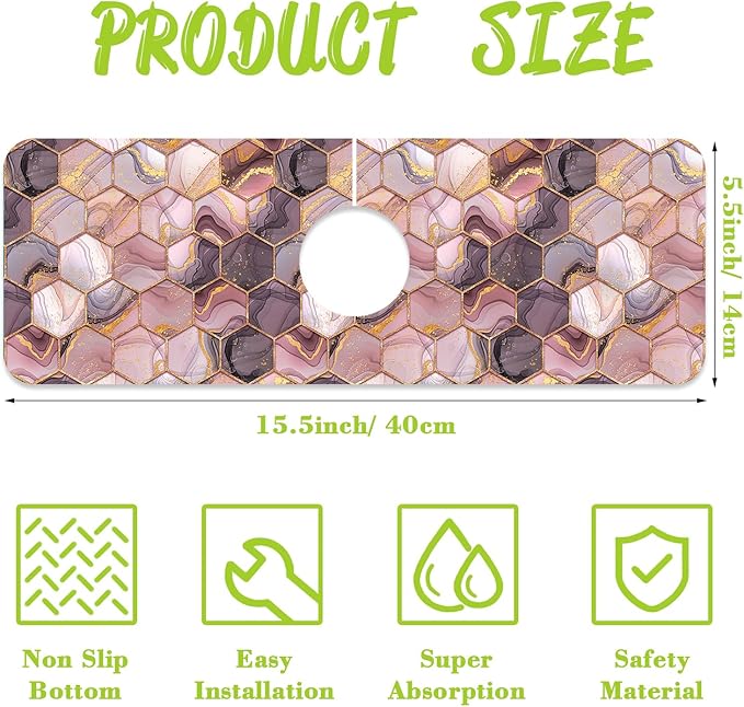 Sink Faucet Absorbing Mat Gold Pink Hexagon Texture Sink Splash Guard Drying Mat for Kitchen Bathroom Faucet Sinkmat 15.5"X5.5"