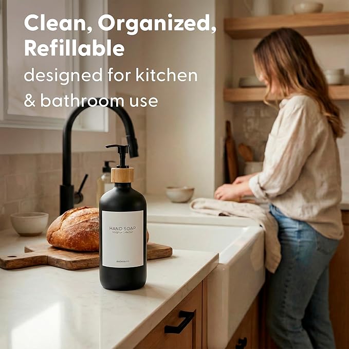 MaisoNovo Glass Hand Soap Dispenser | Dish Soap Dispenser for Kitchen | 16.9oz Black Bottles with Black Bamboo Pump | Bathroom Lotion Dispenser