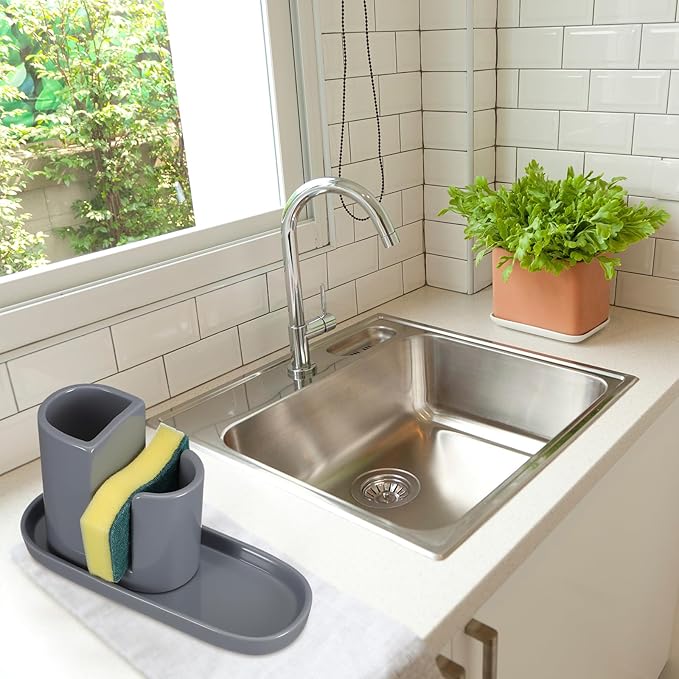 Geelin 3 in 1 Ceramic Kitchen Sink Caddy Dish Sponge Holder Scrub Brush Holder and Soap Tray for Kitchen Organizer Rustic Farmhouse Supplies (Gray)