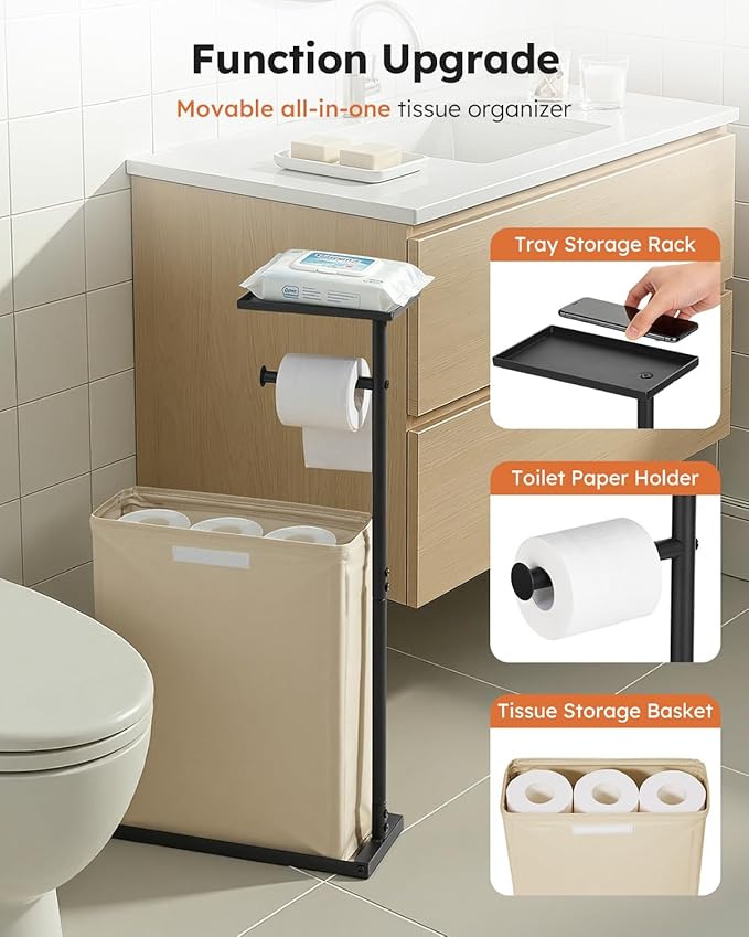 SOLEDI Freestanding Toilet Paper Holder Stand,Bathroom Toilet Paper Storage Organizer with Lid for up to 12 Rolls,Featuring Shelf and Sturdy Metal Base,Beige