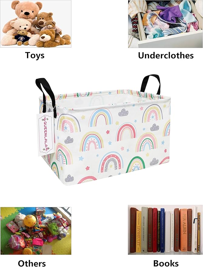 QUEENLALA Rectangular Laundry Hamper/Foldable Nursery Laundry Basket for Organizing/Storage Bin Baskets/Children Toy Office Bedroom/Toy Bin Closet Shelf Baskets（Rec-Rainbow）