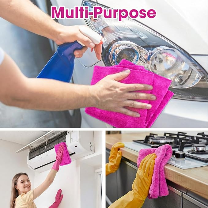 Shimeyao 30 Pcs 16 x 16 Inch Edgeless Microfiber Plush Towels for Cars Detailing Drying Wash Polishing Absorbent Cleaning Cloths, 500 GSM (Fuchsia, 30 Pcs)