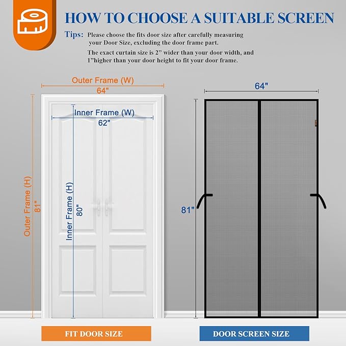 Magnetic Screen Door, Fits Door Size 62'' x 80'', Scratch-Proof Polyester, Classic Middle-Opening, Keep Annoying Creatures Out, Pet Friendly Mesh, Walk Through, Suitable for French/Double Doors, Grey