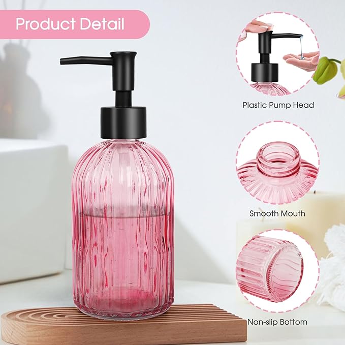 2 Pack Stripe Glass Soap Dispenser with Black Plastic Pump, 400ml Liquid Hand Soap Dispenser, Rustproof Pump for Kitchen & Bathroom, Great for Lotions, Essential Oil, Liquid Soaps- (Pink)