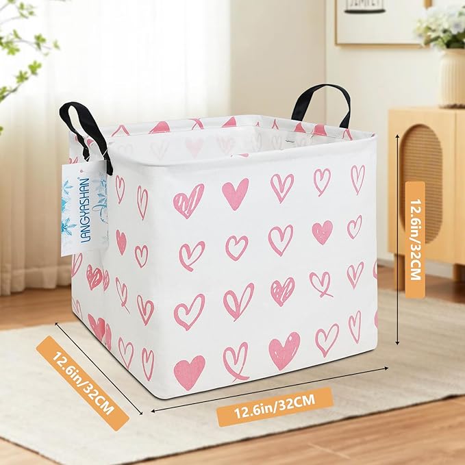 LANGYASHAN Square Storage Baskets Waterproof Canvas Children Laundry Nursery Hamper for Shelves Gift Baskets Toy Organizer Room Decor (Square Pink Heart)