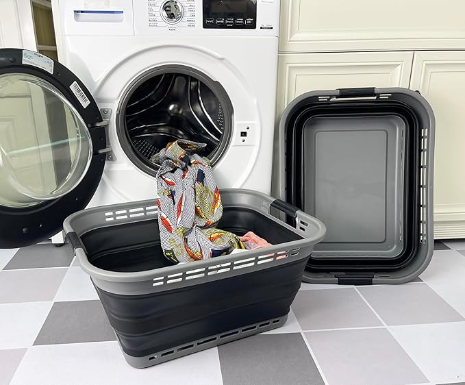 SAMMART 42L (11 Gallons) Collapsible Plastic Laundry Basket - Foldable Pop Up Storage Container/Organizer - Portable Washing Tub - Space Saving Hamper/Basket [BPA Free] (Grey/Black (Set of 2))