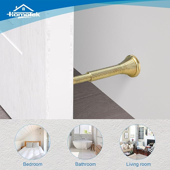HOMOTEK 2 Pack Telescoping Spring Door Stoppers, Extended from 3-1/8 to 4-1/4 inches Wall Mount Extra Long Door Stops- Flexible Spring Doorstops Wall Protector (Bright Brass)