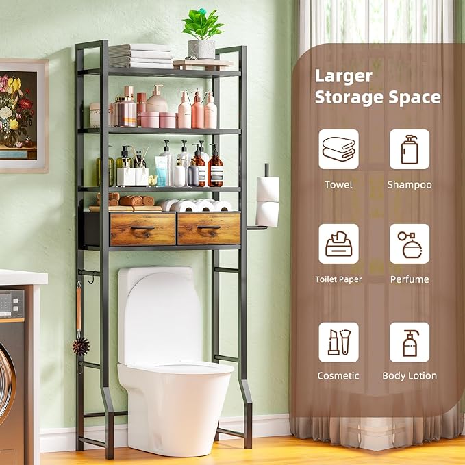 Simple Trending 4 Tier Over The Toilet Storage with Drawers, Heavy Duty Bathroom Stand Organizer Metal Shelves for Laundry, Black