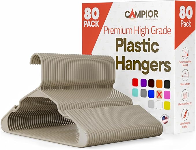Plastic Clothes Hangers – Heavy Duty Hanger Set, for Organizing Clothes, Dresses, and Coat, Holds Up to 5 lbs, Space-Saving Hangers with Non-Slip Shoulder Grooves, Pack of 80, Ivory