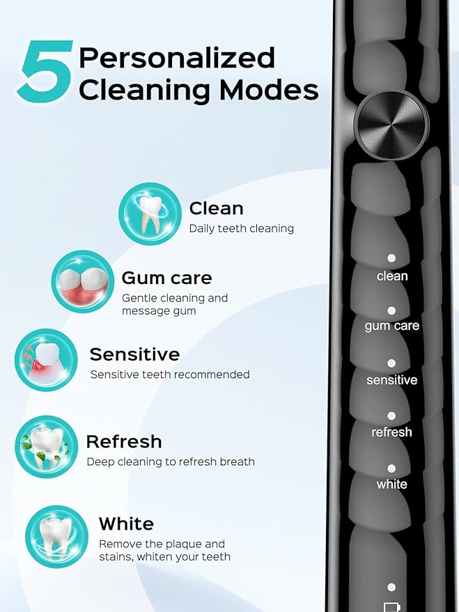 COSLUS C40 Sonic Electric Toothbrush for Adults: 47000 VPM for Deep Cleaning & Whitening with Travel Case - 5 Modes for Sensitive Teeth & Braces, Wireless Charging, 6 Brush Heads, Black & Pink (2PCS)