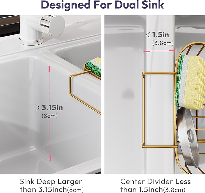 SWTYMIKI Sponge Holder for Kitchen Sink - Movable Kitchen Sink Caddy with M Shape Hook, Stainless Steel Hanging Sponge Caddy for Dish Sponge, Brush, Stopper Organizer in Double Sink, Gold