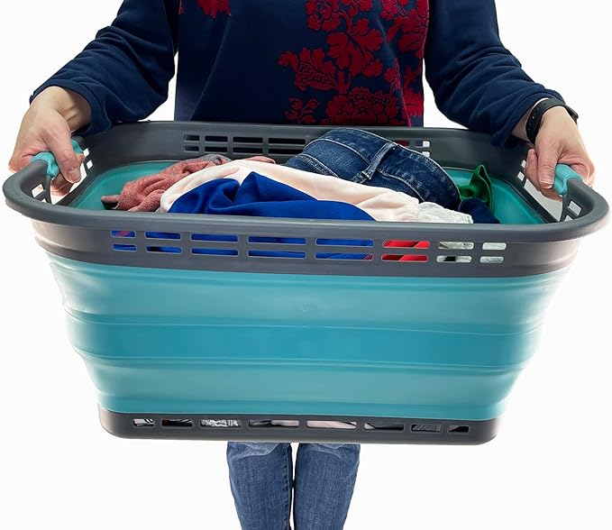 SAMMART 42L (11 Galloons) Collapsible Plastic Laundry Basket - Foldable Pop Up Storage Container/Organizer - Portable Washing Tub - Space Saving Hamper/Basket[BPA Free] (Grey/Crystal Blue (Set of 2))