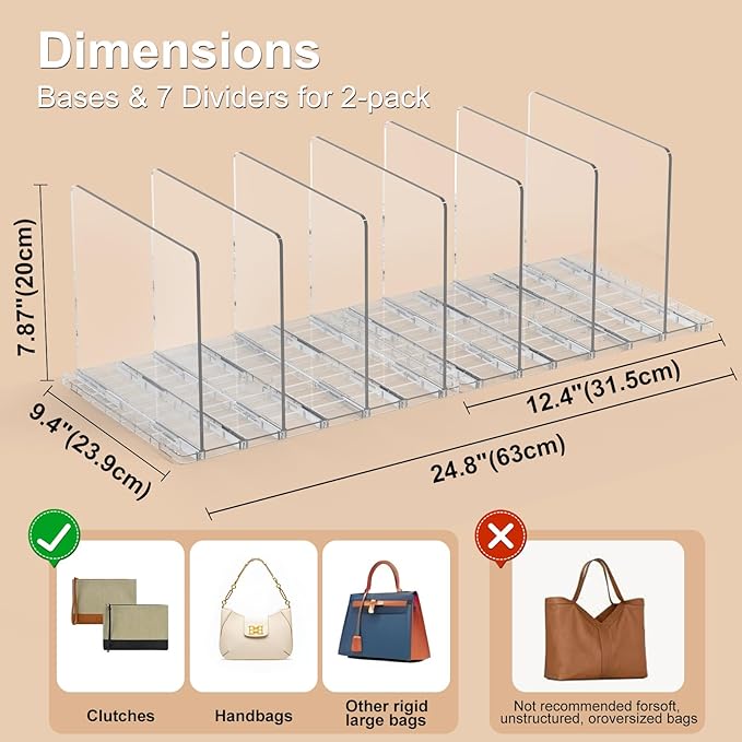 Bag & Purse Organizer for Closet: Adjustable Clear Handbag Storage Shelf - Plastic Clutch Dividers for Closet Organizers and Storage - Keep Carteras & Pocketbook Upright