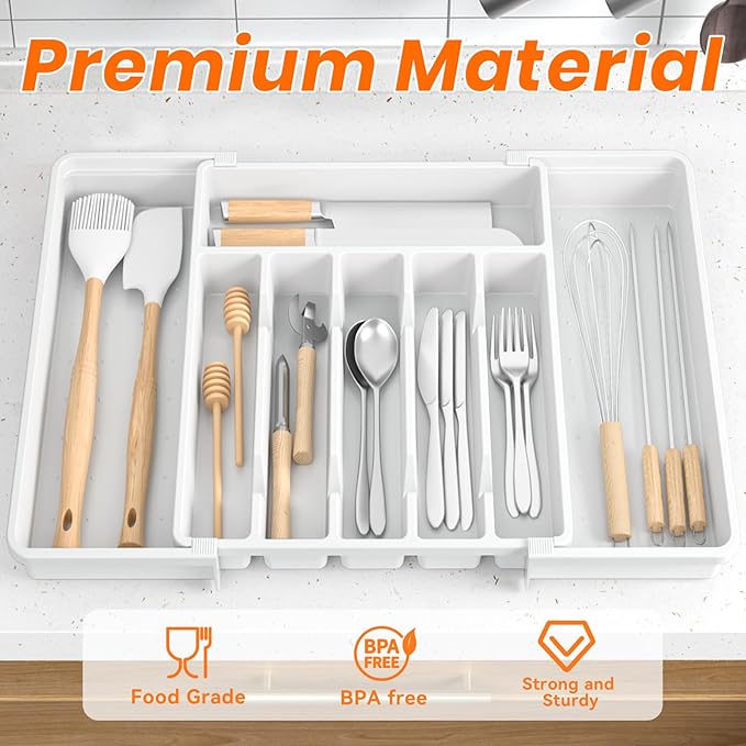 Large Silverware Organizer,Expandable Utensil Drawer Organizer,BPA Free Utensil Holder,Adjustable Silverware Tray Cutlery Drawer Organizer for Kitchen Flatware,Large,White (6-8 Slots)