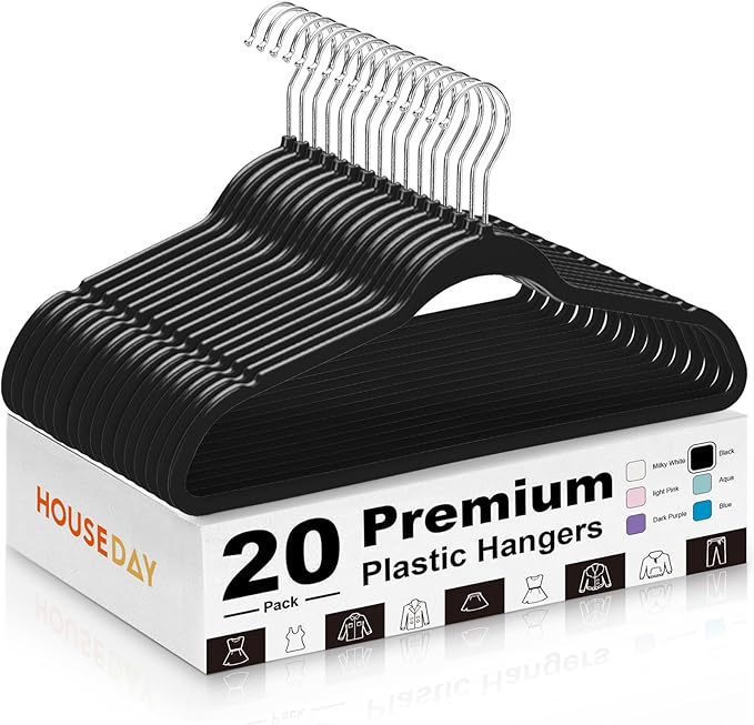 HOUSE DAY Black Plastic Hangers 20 Pack - Heavy Duty Non-Velvet Hangers with 360° Swivel Chrome Hook & Non Slip Notches - Slim Space Saving Clothes Hangers Ideal for Dresses Coats Shirts Jackets