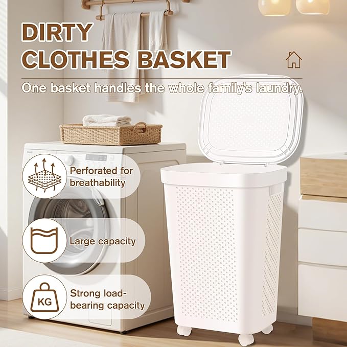 Ultra Wheeled Laundry Hamper with Lid, Suspended basket，Handle and Wheels for Easy Rolling of Clothes to and from The Laundry Room, Plastic（White）